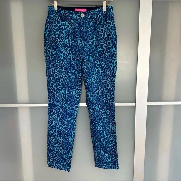 Lilly Pulitzer Cotton Kelly Ankle Pants Turquoise‎ Blue Cheetah Print Size 6 - Picture 1 of 10